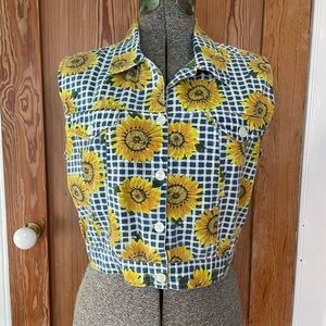 Vintage 90s Tribes Sunflower Vest Gingham Crop Button Down Cottagecore Floral~L
